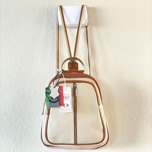 NWT Valentina Genuine Ivory / Tan Pebble Italian Leather Convertible Backpack Ne